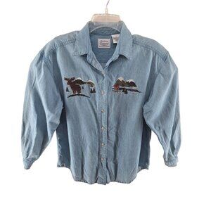 Northern Treasures Women's Button Up  Moose Mountains Emboardary Blue Size S